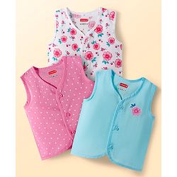 Babyhug 100% Cotton Cambric Woven Sleeveless Front Open Jhablas with Polka Dot & Floral Print Pack of 3 - White Pink & Light Blue