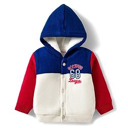 Babyhug Knitted Full Sleeves Hooded Front Open Sweater With Text Embroidery - Red Navy Blue & White