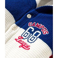 Babyhug Knitted Full Sleeves Hooded Front Open Sweater With Text Embroidery - Red Navy Blue & White