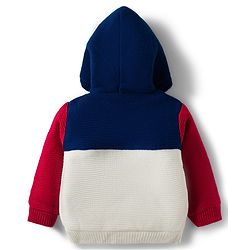 Babyhug Knitted Full Sleeves Hooded Front Open Sweater With Text Embroidery - Red Navy Blue & White
