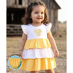 Babyhug Single Jersey Knit Frill Sleeves Layered Frock with Bloomer & Floral Embroidery - White