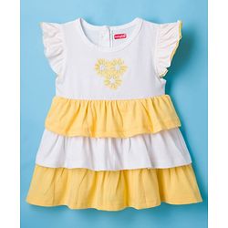 Babyhug Single Jersey Knit Frill Sleeves Layered Frock with Bloomer & Floral Embroidery - White