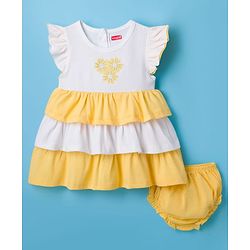 Babyhug Single Jersey Knit Frill Sleeves Layered Frock with Bloomer & Floral Embroidery - White
