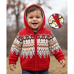 Babyhug Knit Full Sleeves Front Open Hooded Sweater with Aztec Design - Red Grey & Yellow