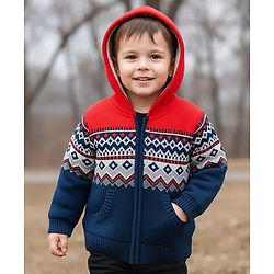 Babyhug Knit Full Sleeves Hooded Front Open Sweater With Geometric Design & Kangaroo Pockets - Orange & Navy Blue