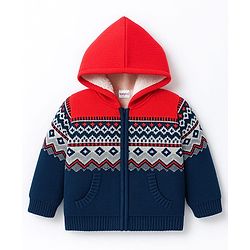 Babyhug Knit Full Sleeves Hooded Front Open Sweater With Geometric Design & Kangaroo Pockets - Orange & Navy Blue