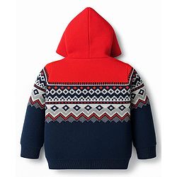 Babyhug Knit Full Sleeves Hooded Front Open Sweater With Geometric Design & Kangaroo Pockets - Orange & Navy Blue