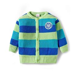 Babyhug Knitted Full Sleeves Striped Front Open Sweater With Text Embroidery - Multicolor