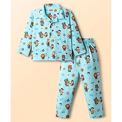 Babyhug 100% Cotton Knit Full Sleeves T-Shirt and Pajama Car Print- Blue main image 0