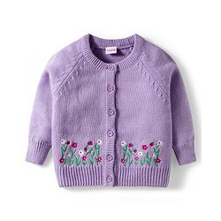 Babyhug Knitted Full Raglan Sleeves Front Open Sweater With Floral Embroidery - Lavender