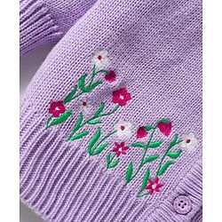 Babyhug Knitted Full Raglan Sleeves Front Open Sweater With Floral Embroidery - Lavender