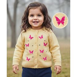 Babyhug Knitted Full Raglan Sleeves Front Open Sweater With Butterfly Design - Light Yellow