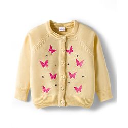 Babyhug Knitted Full Raglan Sleeves Front Open Sweater With Butterfly Design - Light Yellow
