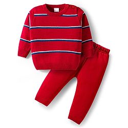 Babyhug Knit Full Sleeves Striped Pullover Sweater Set - Red & Navy Blue