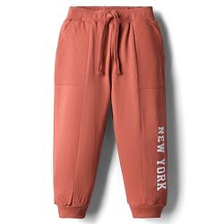 Babyhug French Terry Knit Full Length Lounge Pant With text Print - Brown