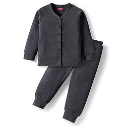 Babyhug Knit Full Sleeves Solid Front Open Thermal Set - Charcoal Grey