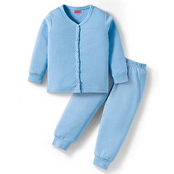 Babyhug Knit Full Sleeves Front Open Solid Thermal Set - Light Blue