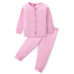 Babyhug Cotton Knit Full Sleeves Solid Color Thermal Vest & Pant Set - Pink