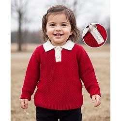 Babyhug Knitted Full Sleeves Solid Color Pullover Sweater with Polo Collar - Red
