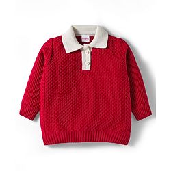 Babyhug Knitted Full Sleeves Solid Color Pullover Sweater with Polo Collar - Red