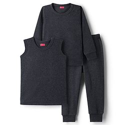 Babyhug Knit Full Sleeves Solid Thermal Set With Vest - Charcoal Grey