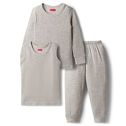 Babyhug Knit Full Sleeves Solid Color Pullover & Sleeveless Thermal Vest & Pant Set - Light Grey