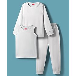 Babyhug Knit Full Sleeves Solid Color Pullover & Sleeveless Thermal Vests & Pant Set - Offwhite