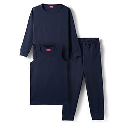 Babyhug Knit Solid Color Full Sleeves Pullover & Sleeveless Thermal Vest & Pant Set - Navy Blue