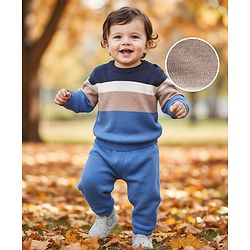 Babyhug Knit Full Sleeves Color Block Pullover Sweater Set - Blue