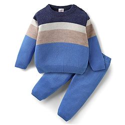 Babyhug Knit Full Sleeves Color Block Pullover Sweater Set - Blue