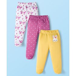 Babyhug Cotton Knit Full Length Bootie Leggings With Polka Dot & Floral Print Pack Of 3 - White Pink & Yellow