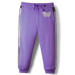 Babyhug French Terry Knit Full Length Lounge Pant With Butterfly Patch - Purple