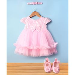 Babyhug Woven Cap Sleeves Mesh Sequinned Yoke Party Dress with Headband & Booties - Light Pink