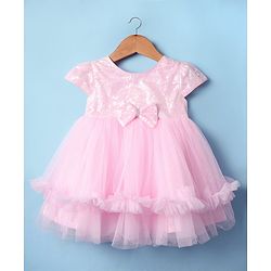 Babyhug Woven Cap Sleeves Mesh Sequinned Yoke Party Dress with Headband & Booties - Light Pink