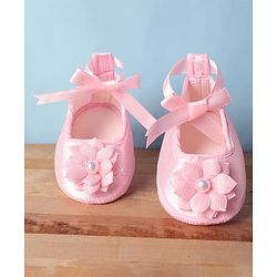 Babyhug Woven Cap Sleeves Mesh Sequinned Yoke Party Dress with Headband & Booties - Light Pink