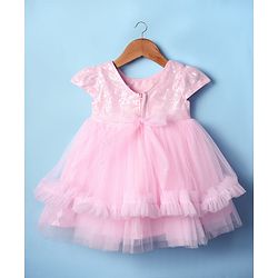 Babyhug Woven Cap Sleeves Mesh Sequinned Yoke Party Dress with Headband & Booties - Light Pink