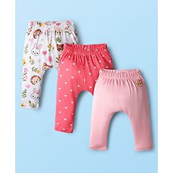 Babyhug Cotton Knit Full Length Diaper Leggings With Bunny & Heart Print Pack Of 3 - Pink & White