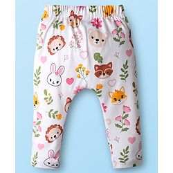 Babyhug Cotton Knit Full Length Diaper Leggings With Bunny & Heart Print Pack Of 3 - Pink & White