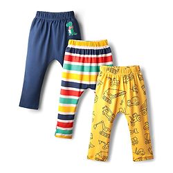 Babyhug Cotton Knit Full Length Stripes Dino & Vehicles Printed Diaper Leggings Pack Of 3 - Multi Colour