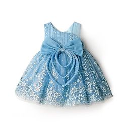Babyhug Woven Sleeveless Flare Mesh Dress with Floral Detailing & Bow Applique - Light Blue