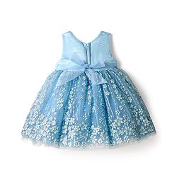 Babyhug Woven Sleeveless Flare Mesh Dress with Floral Detailing & Bow Applique - Light Blue