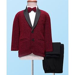 Babyhug Knit Full Sleeves Solid Color 3 Piece Party Suit with Bow Applique - Maroon