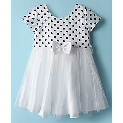 Babyhug Woven Half Cap Sleeves Mesh Party Dress with Polka Dots & Bow Applique - White