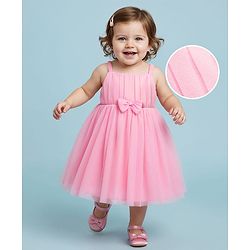 Babyhug Woven Sleeveless Fit & Flare Solid Coloured Mesh Partywear Dress With Bow - Pink