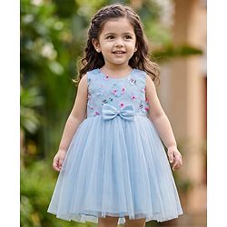 Babyhug Woven Sleeveless Mesh Party Dress with Bow & Floral Applique - Light Blue
