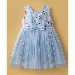 Babyhug Woven Sleeveless Mesh Party Dress with Bow & Floral Applique - Light Blue