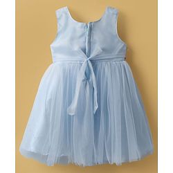 Babyhug Woven Sleeveless Mesh Party Dress with Bow & Floral Applique - Light Blue