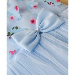 Babyhug Woven Sleeveless Mesh Party Dress with Bow & Floral Applique - Light Blue