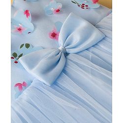 Babyhug Woven Sleeveless Mesh Party Dress with Bow & Floral Applique - Light Blue