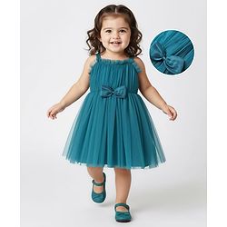Babyhug Woven Sleeveless Party Dress With Bow Applique & Mesh Detailing - Teal Blue